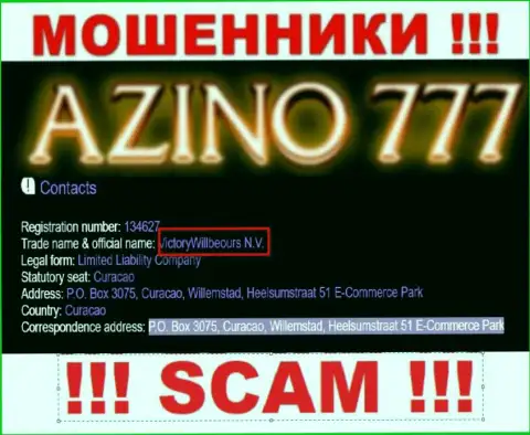 Юр лицо кидал Азино777 - это ВикториВиллбеоурс Н.В., инфа с онлайн-сервиса мошенников