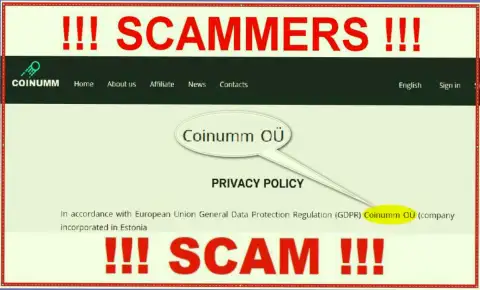 Coinumm OÜ crooks legal entity - information from the scam website