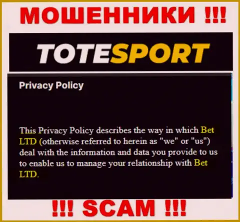 ToteSport - юр лицо мошенников компания BET Ltd
