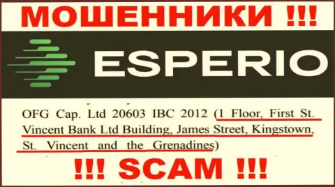 Неправомерно действующая компания Esperio находится в офшорной зоне по адресу - 1 Floor, First St. Vincent Bank Ltd Building, James Street, Kingstown, St. Vincent and the Grenadines, будьте очень внимательны