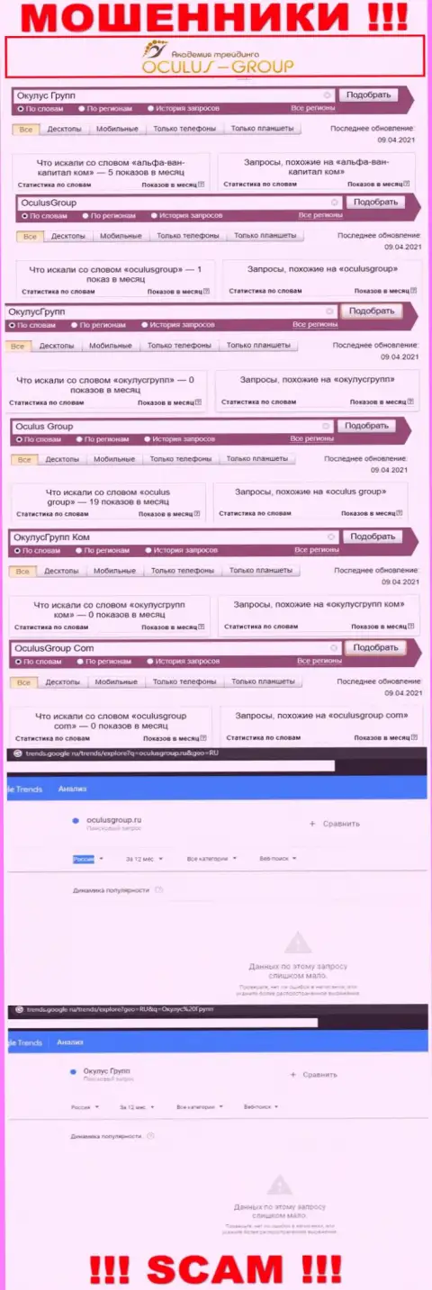 Статистика online запросов в поисковиках всемирной паутины относительно мошенников Окулус Групп