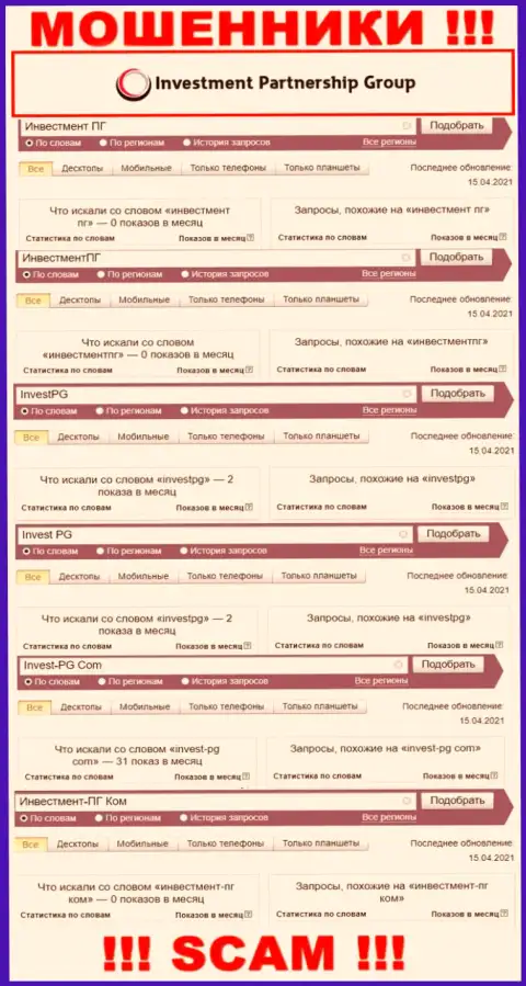 Статистика internet-запросов в поисковиках касательно мошенников Invest-PG Com