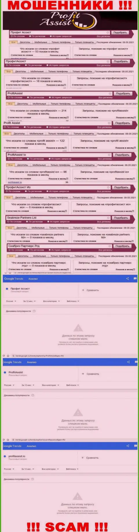 Online запросы по бренду мошенников ProfitAssist в поисковиках глобальной сети