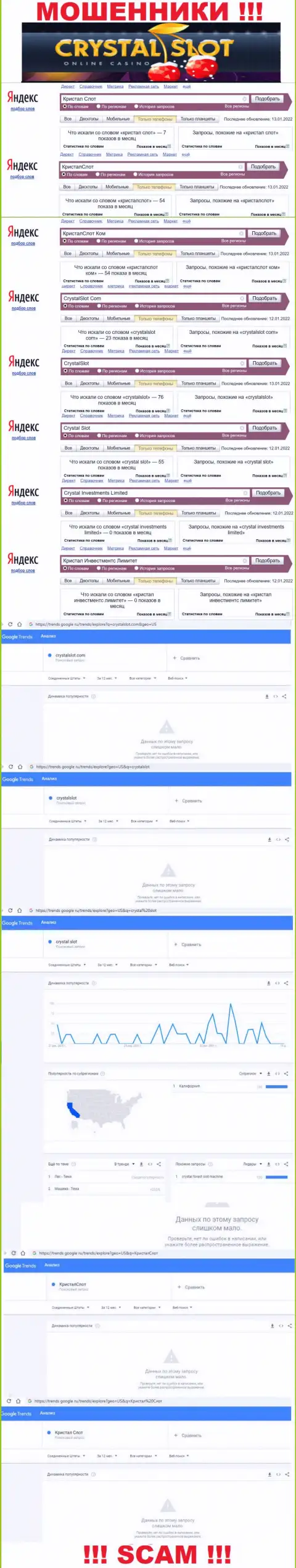 Количество запросов в поисковиках сети Интернет по бренду мошенников КристалСлот