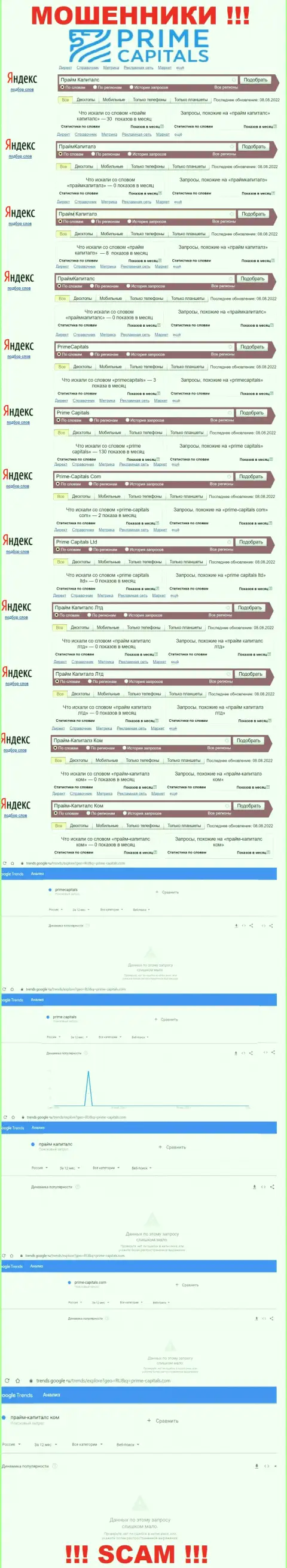 Число онлайн запросов по мошенникам Prime Capitals в глобальной интернет сети