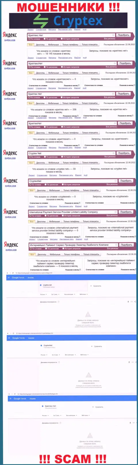 Скриншот статистических показателей поисковых запросов по незаконно действующей организации Криптекс Нет