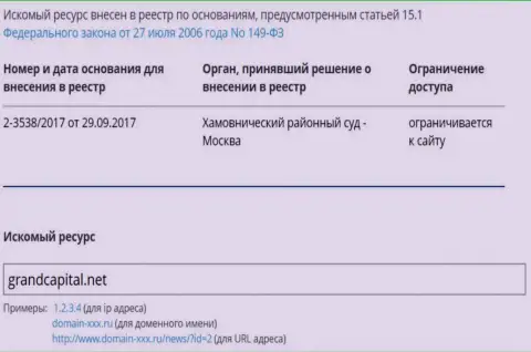 Блокирование официального веб-ресурса Гранд Капитал